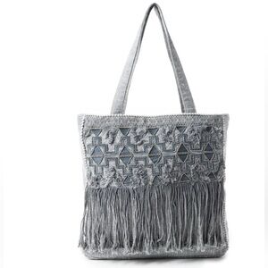 MYRA Smokey Mountain Gray Boho Fringed Beaded Tote Bag NWT